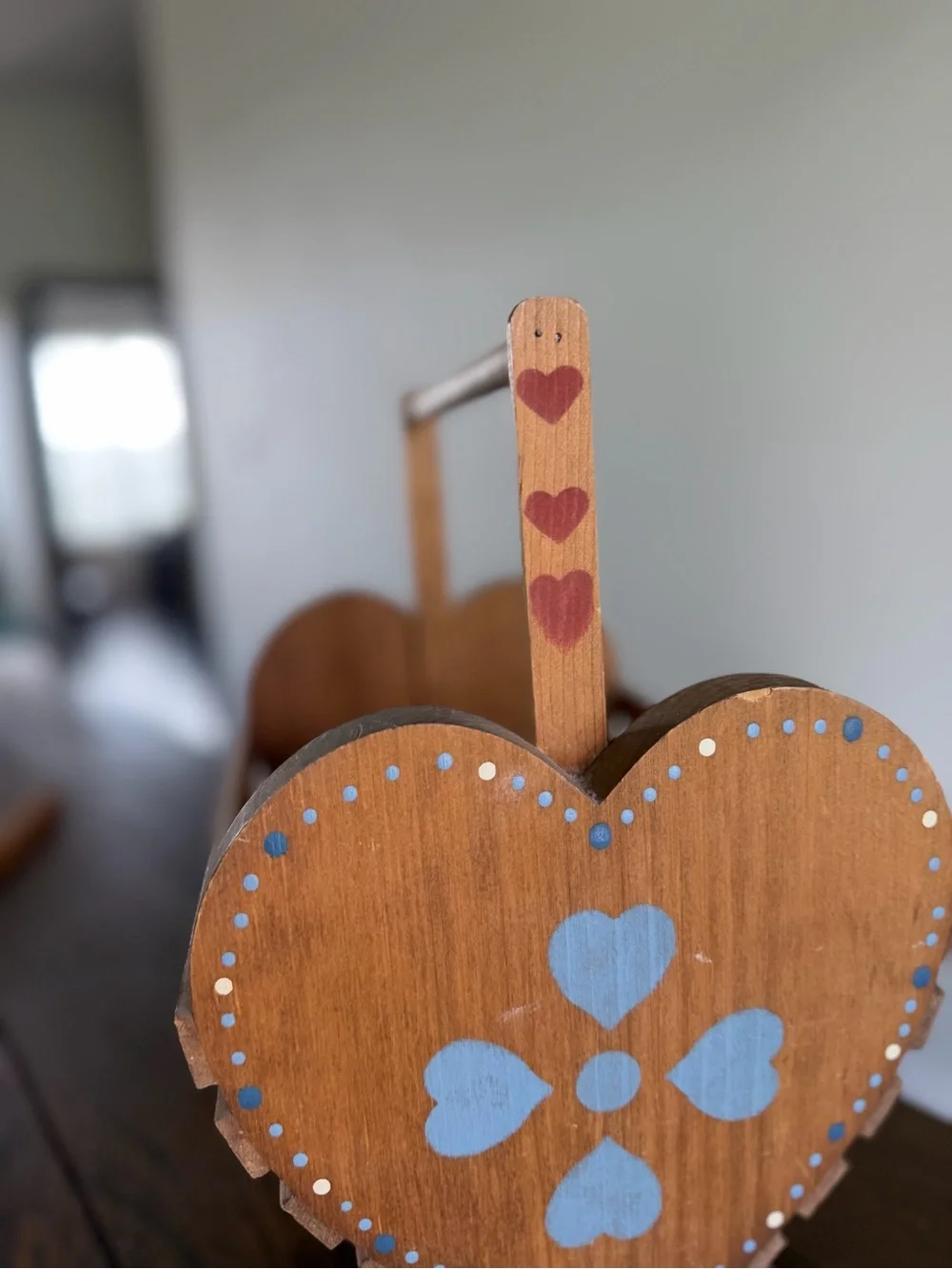 Vintage Wooden Heart Slat Basket Caddy Handle Blue Folk Art Stencil Cottagecore